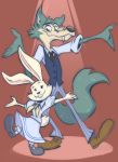  anthro beastars bottomwear buckteeth canid canine canis clothed clothing dancing dress duo female fluffy fluffy_tail footwear fur grey_body grey_fur happy haru_(beastars) hi_res joelasko lagomorph legoshi_(beastars) leporid long_ears long_tail male mammal necktie rabbit short_tail simple_background size_difference smile spotlight teeth toony topwear white_body white_fur wolf 