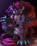  4:5 abs animal_genitalia anthro avian balls braided_hair claws genitals glowing glowing_eyes gryphon hair hi_res horn iudicium86 male monster muscular muscular_anthro muscular_male mythological_avian mythology pubes sheath solo weregryphon 