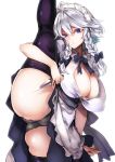  1girl apron black_dress black_legwear black_panties blue_bow blue_eyes bow braid breasts closed_mouth collared_shirt commentary_request dress headdress izayoi_sakuya large_breasts maid maid_apron maid_headdress panties shirt silver_hair solo split standing standing_on_one_leg standing_split touhou tousen underwear 