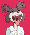  anthro beastars brown_body brown_fur canid canine canis clothing female fluffy_ears fur half-closed_eyes juno_(beastars) looking_up mammal multicolored_body multicolored_fur narrowed_eyes open_mouth purple_eyes red_background rookiex school_uniform simple_background solo teeth tongue tongue_out uniform uvula wolf 