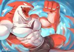  abs anthro biceps fish flexing male marine muscular muscular_anthro muscular_male pecs pose rabbity red_body shark solo teeth volker_(rabbity) white_eyes 