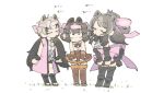  3girls ahoge animal_ears arms_at_sides back_bow bangs bare_arms bare_shoulders bear_ears bear_girl bear_tail bergman&#039;s_bear_(kemono_friends) bike_shorts black_hair boots bow bowtie bracelet brown_bear_(kemono_friends) center_frills chibi closed_eyes coat collared_shirt commentary_request cosplay detached_sleeves eyebrows_visible_through_hair ezo_brown_bear_(kemono_friends) facing_another frills full_body fur_bracelet fur_trim grey_hair hair_bow headband height_difference high-waist_skirt high_ponytail highres jewelry kemono_friends kodiak_bear_(kemono_friends) kodiak_bear_(kemono_friends)_(cosplay) leaning_forward long_hair looking_down medium_hair multicolored_hair multiple_girls open_clothes open_coat shirt skirt sleeveless sleeveless_shirt smelling sound_effects standing swept_bangs tail thighhighs toeless_boots torento torn_clothes torn_sleeves twintails two-tone_hair v-shaped_eyebrows very_long_hair wing_collar zettai_ryouiki 