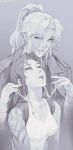  2girls after_fellatio arm_tattoo balalaika_(black_lagoon) bisexual_(female) black_lagoon breasts bukkake burn_scar coat commentary cum cum_in_mouth cum_on_body cum_on_breasts cum_on_clothes cum_on_fingers cum_on_upper_body cum_swap english_commentary facial greyscale hair_ornament hair_scrunchie half-closed_eyes head_back height_difference highres lips long_hair looking_at_viewer mole mole_under_eye monochrome multiple_girls naftosaur nose open_mouth overcoat parted_lips ponytail revision revy_(black_lagoon) scar scrunchie tattoo upper_teeth 