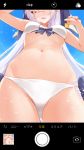  1girl bangs blush breasts eris_(konosuba) from_below hair_between_eyes hand_on_own_face highres kono_subarashii_sekai_ni_shukufuku_wo! long_hair looking_at_viewer open_mouth purple_eyes saezu_habaki sparkle swimsuit white_hair 