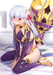  1girl anklet armlet armor bangs bikini_armor blush bracelet breasts circlet closed_mouth collarbone dress earrings fate/grand_order fate_(series) hair_ribbon high_heels highres jewelry kama_(fate/grand_order) kazuma_muramasa legs long_hair looking_at_viewer medium_breasts on_bed pelvic_curtain pink_ribbon purple_dress purple_legwear purple_sleeves ribbon ring silver_hair sitting sweatdrop thighhighs thighlet vajra_(object) wariza 