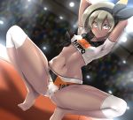  1girl absurdres andouyu arms_behind_head bangs barefoot bea_(pokemon) black_hairband blurry blurry_background blush bow_hairband breasts closed_mouth collared_shirt commentary_request covered_nipples grey_eyes grey_hair gym_leader hair_between_eyes hairband highres knee_pads light looking_at_viewer navel number pokemon pokemon_(game) pokemon_swsh print_shirt shirt short_hair short_sleeves spread_legs squatting stadium tied_shirt tiptoes toes 