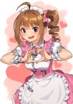  1girl :d ahoge apron bangs blunt_bangs blush bow bowtie breasts brown_hair buttons collared_dress commentary cowboy_shot dress drill_hair eyebrows_visible_through_hair frilled_apron frilled_dress frilled_sleeves frills hair_bow hands_up heart heart_background heart_hands idolmaster idolmaster_million_live! idolmaster_million_live!_theater_days kamille_(vcx68) looking_at_viewer maid_headdress medium_breasts medium_hair open_mouth pink_bow pink_dress pink_neckwear pocket puffy_short_sleeves puffy_sleeves purple_eyes red_background shiny shiny_hair short_sleeves side_ponytail sidelocks smile solo standing two-tone_background two-tone_dress upper_teeth waist_apron waitress white_apron white_background white_dress wrist_cuffs yokoyama_nao 