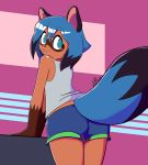  2020 absurd_res anthro blue_body blue_eyes blue_fur blue_hair bottomwear brand_new_animal brown_body brown_fur butt canid canine clothed clothing digital_media_(artwork) female fluffy fluffy_tail fur glistening glistening_body glistening_hair glistening_skin gloves_(marking) hair hi_res leaning leaning_forward looking_at_viewer mammal markings michiru_kagemori multicolored_body multicolored_fur multicolored_hair multicolored_tail nova_rain raccoon_dog shirt shorts simple_background smile solo studio_trigger tanuki topwear 