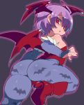  1girl animal_print ass bat_print bat_wings boots bridal_gauntlets demon_girl flat_chest head_wings highres leotard lilith_aensland print_legwear purple_hair red_eyes red_leotard shiny shiny_clothes shiny_hair shiny_skin short_hair solo succubus vampire_(game) wings zankuro 