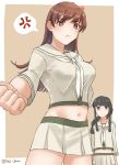  2girls bangs beige_sailor_collar beige_serafuku beige_shirt beige_skirt black_hair blunt_bangs border braid brown_background brown_eyes brown_hair clenched_hand foreshortening highres kantai_collection kitakami_(kantai_collection) long_hair midriff multiple_girls neckerchief ooi_(kantai_collection) pleated_skirt remodel_(kantai_collection) sailor_collar school_uniform serafuku sidelocks skirt solo_focus tsukimura_(d24f4z8j3t) twitter_username two-tone_background white_border white_neckwear 