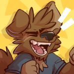  1:1 anthro blue_clothing blue_shirt blue_topwear canid canine canis clothing domestic_dog eyes_closed male mammal matt_riskely open_mouth shirt simple_background solo teeth_showing tinydeerguy topwear yellow_background 