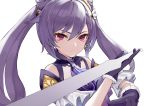  1girl absurdres double_bun dress earrings frilled_sleeves frills genshin_impact gloves hair_ornament half-closed_eyes highres holding holding_sword holding_weapon jewelry keqing looking_at_viewer purple_eyes purple_hair simple_background solo sword twintails weapon white_background zhourues 