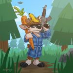  1:1 _clothing avian banana barefoot bathrobe bird blue_clothing carrot cervid checkered_clothing clothing darwin_(tinydeerguy) eyewear food fruit gun hi_res jungle male mammal pattern_clothing plant ranged_weapon robe solo sunglasses super_animal_royale tinydeerguy tree vegetable weapon 