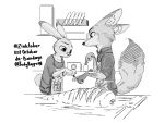  2020 4:3 anthro apron canid canine clothed clothing disney duo english_text fox fully_clothed fur hi_res inktober inside judy_hopps judyhopps44 kitchen lagomorph leporid mammal monochrome nick_wilde rabbit red_fox text zootopia 