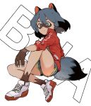  1girl animal_ears black_hair blue_shorts bob_cut brand_new_animal bright_pupils claws closed_mouth ddari dolphin_shorts domino_mask fur green_eyes grey_hair highres jacket kagemori_michiru light_smile long_sleeves mask medium_hair raccoon_ears raccoon_tail red_jacket shoes shorts sitting smile solo tail white_footwear white_pupils 