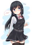  1girl ? asashio_(kantai_collection) belt black_hair black_legwear blue_eyes commentary_request cowboy_shot dress highres kantai_collection long_hair long_sleeves pinafore_dress remodel_(kantai_collection) rokosu_(isibasi403) shirt solo spoken_blush standing thighhighs white_shirt 