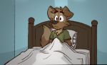  anthro bed canid canine canis clothing domestic_dog furniture green_clothing green_shirt green_topwear male mammal matt_riskely pillow shirt solo tinydeerguy topwear 