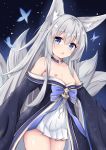  1girl :o absurdres animal_ear_fluff animal_ears azur_lane bangs bare_shoulders blue_choker blue_eyes blush bow breasts breasts_outside bug butterfly choker collarbone cowboy_shot dark_background eyebrows_visible_through_hair fang fox_ears fox_girl fox_tail highres insect japanese_clothes long_hair long_sleeves nagato-chan nipples off_shoulder open_mouth purple_bow shinano_(azur_lane) sidelocks silver_hair skin_fang small_breasts solo straight_hair tail thighs very_long_hair wide_sleeves younger 