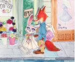  2016 anthro barefoot bottomwear building canid canine clothed clothing detailed_background disney duo flower fox fully_clothed fur grey_body grey_fur holding_flower holding_object judy_hopps lagomorph leporid mammal nick_wilde outside pants plant rabbit red_body red_fox red_fur shirt sidewalk standing strawberry628_(artist) topwear zootopia 