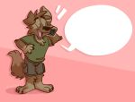  anthro barefoot black_bottomwear black_clothing black_pants bottomwear canid canine canis cargo_shorts clothing dialog_box dialogue domestic_dog eyes_closed green_clothing green_shirt green_topwear hi_res male mammal matt_riskely open_mouth pants pink_background shirt shorts simple_background solo t-shirt tinydeerguy topwear 