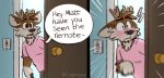  blush bottomwear cervid clothing comic darwin_(tinydeerguy) dialogue door doorknob english_text grey_bottomwear grey_clothing grey_pants inside light_switch male mammal pants pink_clothing pink_shirt pink_topwear shirt solo text tinydeerguy topwear 