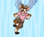  ambiguous_gender angry anthro barefoot belt blue_background bottomwear brown_bottomwear brown_clothing brown_pants cervid clothed clothing darwin_(tinydeerguy) duo hi_res male male_focus mammal micro open_mouth pants pink_clothing pink_shirt pink_topwear shirt simple_background solo_focus tinydeerguy topwear 