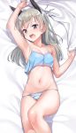  1girl animal_ears arm_up bangs bed_sheet blue_bra blue_panties blush bra breasts commentary_request eila_ilmatar_juutilainen eyebrows_visible_through_hair grey_hair highres konnyaku_(kk-monmon) long_hair lying medium_breasts navel on_back open_mouth panties sheet_grab solo strike_witches striped striped_panties tears underwear world_witches_series 