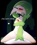  1girl absurdres bangs blush bob_cut breasts closed_mouth collarbone commentary completely_nude condom condom_in_mouth condom_wrapper english_commentary english_text eyebrows_visible_through_hair fir3born gardevoir gen_3_pokemon glint green_hair green_skin groin hair_over_one_eye half-closed_eyes hand_up happy heart highres indoors looking_at_viewer medium_breasts mouth_hold navel nipples nose_blush nude pillow pokemon pokemon_(creature) red_eyes shiny shiny_hair shiny_skin short_hair smile solo spoken_heart spread_legs stomach straddling talking two-tone_skin white_skin 