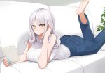  1girl alternate_costume blue_nails blue_pants breasts carmilla_(fate/grand_order) casual couch curly_hair denim fate/grand_order fate_(series) feet_up fingernails grey_hair jeans kozara14 large_breasts legs_up long_fingernails long_hair lying on_couch on_stomach pants ribbed_sweater sharp_fingernails sleeveless_sweater solo sweater the_pose turtleneck turtleneck_sweater yellow_eyes 