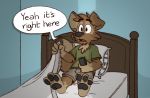  anthro barefoot bed bottomwear canid canine canis clothing controller dialogue domestic_dog english_text furniture green_clothing green_shirt green_topwear grey_bottomwear grey_clothing grey_pants male mammal matt_riskely pants pillow remote_control shirt shorts solo text tinydeerguy topwear 