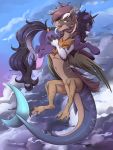  2020 absurd_res ambiguous_gender anthro black_mane black_tail brown_mane brown_tail butt butt_grab carrying carrying_partner cheek_tuft chest_tuft chimera cloud draconequus duo equid equine facial_tuft fan_character feral flying fur hand_on_butt hasbro hi_res horn looking_at_viewer looking_back mammal mane midair my_little_pony on_shoulder ponsex purple_body purple_fur rivibaes_(oc) shark_tail tan_body tan_fur tongue tongue_out tuft underhoof unicorn 
