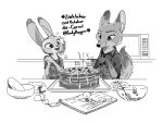  2020 4:3 anthro cake canid canine disney duo english_text food fox fur hi_res inktober inside judy_hopps judyhopps44 kitchen lagomorph leporid mammal monochrome nick_wilde open_mouth open_smile rabbit red_fox smile text zootopia 