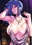  1girl areola_slip areolae azur_lane backless_dress backless_outfit bangs bare_shoulders blue_hair blue_nails bracelet breasts collarbone covered_nipples dress earrings evening_gown hair_between_eyes hair_ornament hairclip halter_dress jewelry kimura_neito large_breasts nail_polish necklace parted_lips pink_eyes plunging_neckline revealing_clothes side_ponytail sidelocks silver_dress st._louis_(azur_lane) st._louis_(luxurious_wheels)_(azur_lane) 