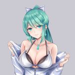  1girl alternate_costume bangs bare_shoulders bikini black_bikini breasts chest_jewel cleavage collarbone eyebrows_visible_through_hair green_eyes green_hair grey_background head_tilt highres jacket large_breasts layered_bikini long_hair long_ponytail no_gloves pneuma_(xenoblade) ponytail sarasadou_dan simple_background smile solo swept_bangs swimsuit upper_body white_bikini white_jacket xenoblade_chronicles_(series) xenoblade_chronicles_2 