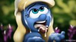  16:9 blonde_hair blue_body blue_eyes blue_skin bodily_fluids clothing cum cum_in_mouth cum_inside cum_on_face female genital_fluids hair hat headgear headwear hi_res humanoid open_mouth simple_background smurf smurfette solo the_smurfs tongue tongue_out twilightchroma widescreen 