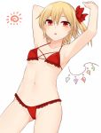  1girl arm_up armpits ass_visible_through_thighs bikini bikini_lift blonde_hair blush breasts cameltoe dutch_angle eyebrows_visible_through_hair flandre_scarlet frilled_bikini frills groin hair_ornament hair_ribbon highres looking_at_viewer miyo_(ranthath) open_mouth red_bikini red_eyes ribbon shiny shiny_hair shiny_skin short_hair simple_background sky solo standing swimsuit swimwear touhou white_background wings 