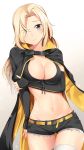  1girl arm_under_breasts azur_lane bangs bikini bikini_top black_coat black_shorts black_sleeves blonde_hair blush breasts cleavage closed_mouth coat commentary_request cosplay cowboy_shot cutoffs detached_sleeves eyebrows_visible_through_hair eyes_visible_through_hair front-tie_bikini front-tie_top grey_eyes groin hair_over_one_eye hat highres holding_own_arm hornet_(azur_lane) hornet_(azur_lane)_(cosplay) hornet_(kantai_collection) kantai_collection large_breasts long_hair looking_at_viewer midriff namesake navel short_sleeves shorts sidelocks simple_background solo standing swimsuit thigh_gap thighhighs white_background white_legwear yasume_yukito yellow_belt 