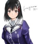  1girl 73suke absurdres black_hair brown_eyes character_name commentary_request haguro_(kantai_collection) hair_ornament highres kantai_collection looking_at_viewer military military_uniform remodel_(kantai_collection) short_hair simple_background solo uniform upper_body white_background 