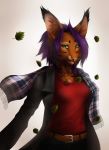  2015 anthro black_lips breasts clothed clothing digital_media_(artwork) felid feline female green_eyes hair hi_res lips lynjox lynx lynxyjones mammal purple_hair smile solo whiskers 