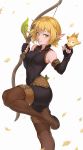  1girl animal bangs bare_shoulders belt black_gloves blonde_hair blush bodysuit boots bow_(weapon) breasts brown_footwear brown_legwear cheshirrr closed_mouth collarbone covered_navel cra dofus elbow_gloves elf evangelyne falling_leaves fingerless_gloves freckles full_body gloves green_eyes hands_up highres leaf leg_up looking_at_viewer medium_breasts parted_lips pointy_ears short_hair sleeveless smile solo standing standing_on_one_leg thigh_boots thighhighs tofu_(dofus) wakfu weapon 