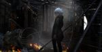  1boy bangs commentary_request danganronpa fire green_jacket grey_hair highres holding holding_spear holding_weapon hood hood_down hooded_jacket jacket komaeda_nagito looking_at_viewer looking_back machinery male_focus medium_hair pants polearm qosic solo spear sunlight super_danganronpa_2 weapon white_hair 