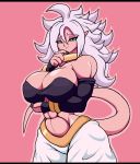  alien alien_humanoid android_21 big_breasts black_bars blue_eyes bottomwear breasts clothing collar dragon_ball dragon_ball_fighterz droll3 female gloves hair handwear hi_res humanoid letterbox looking_at_viewer machine majin majin_android_21 muscular muscular_female muscular_humanoid not_furry pants pink_body pose smile solo spiky_hair 