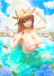  1girl animal_ears azur_lane bangs bottle breasts brown_hair cleavage cloud collarbone commentary_request cow_ears cow_girl cow_horns cow_tail day flower hair_flower hair_ornament highres holding holding_bottle horns huge_breasts kashino_(after-bath_pleasure)_(azur_lane) kashino_(azur_lane) long_hair looking_at_viewer milk_bottle naked_towel nana_(nana17112018) one_eye_closed open_mouth purple_eyes see-through sky smile solo steam submerged tail towel very_long_hair wet wet_towel white_flower 