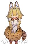  1girl :d animal_ears bare_shoulders blonde_hair blood blood_on_face bow bowtie ddari elbow_gloves gloves grass hand_up highres kemono_friends looking_at_viewer medium_hair open_mouth orange_skirt serval_(kemono_friends) serval_ears serval_print serval_tail simple_background skirt smile solo standing tail v v_over_mouth white_background white_gloves yellow_eyes 