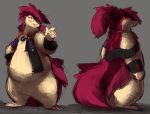  ambiguous_gender anthro armband clothing fur glowing glowing_eyes hair long_hair long_tail looking_at_viewer model_sheet multicolored_body nintendo pok&eacute;mon pok&eacute;mon_(species) raster_dreams red_body red_eyes red_fur red_hair sash slightly_chubby solo two_tone_body typhlosion video_games wide_hips 