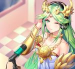  1girl ;) armlet breasts checkered checkered_floor cleavage collarbone dress forehead_jewel green_eyes green_hair hand_on_headphones headphones jewelry kid_icarus laurel_crown looking_at_viewer microphone microphone_stand one_eye_closed palutena pendant sitting smile strapless strapless_dress table tiara tripod vambraces window yuduki_(tt-yuduki) 