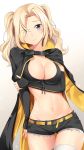  1girl arm_under_breasts azur_lane bangs bikini bikini_top black_coat black_shorts black_sleeves blonde_hair blush breasts cleavage closed_mouth coat commentary_request cosplay cowboy_shot cutoffs detached_sleeves eyebrows_visible_through_hair eyes_visible_through_hair front-tie_bikini front-tie_top grey_eyes groin hair_over_one_eye hat highres holding_own_arm hornet_(azur_lane) hornet_(azur_lane)_(cosplay) hornet_(kantai_collection) kantai_collection large_breasts long_hair looking_at_viewer midriff namesake navel short_sleeves shorts sidelocks simple_background solo standing swimsuit thigh_gap thighhighs twintails white_background white_legwear yasume_yukito yellow_belt 