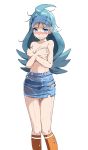  1girl antenna_hair aqua_hair bangs bare_arms bare_shoulders blue_eyes blue_headwear blue_skirt blush collarbone covering covering_breasts hand_on_breasts hat kahili_(pokemon) long_hair looking_at_viewer messy_hair mole mole_under_eye navel no_shirt orange_legwear pokemon pokemon_(game) pokemon_sm simple_background skirt solo sweat torn_clothes torn_hat torn_legwear torn_skirt tsukishiro_saika visor_cap wet wet_clothes wet_hair wet_skirt white_background 