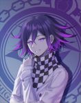  1boy bangs checkered checkered_scarf commentary_request copyright_name danganronpa double-breasted ewa_(seraphhuiyu) gradient_hair grin hair_between_eyes hand_on_own_shoulder highres long_sleeves looking_at_viewer male_focus multicolored_hair new_danganronpa_v3 ouma_kokichi pink_hair purple_eyes purple_hair scarf short_hair smile solo straitjacket symbol-shaped_pupils teeth upper_body 