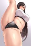  1girl bangs black_hair black_panties blush breasts crop_top final_fantasy final_fantasy_vii final_fantasy_vii_remake highres leg_lift leg_up long_hair looking_at_viewer navel open_mouth panties red_eyes shirt smile split standing standing_on_one_leg standing_split tank_top taut_clothes taut_shirt thighs tifa_lockhart underwear white_tank_top yashichii 